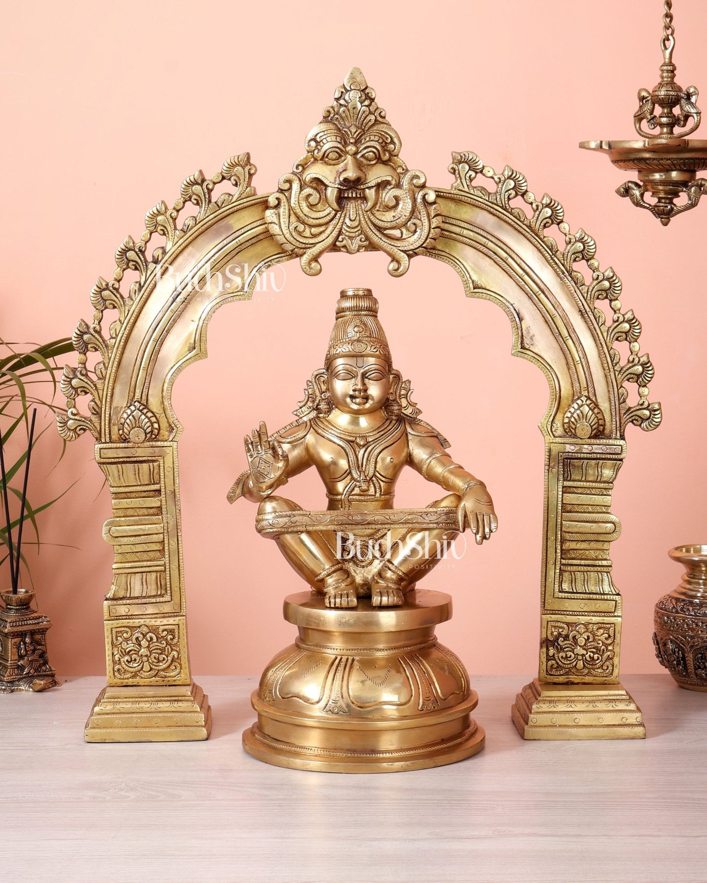 Brass Superfine Swamiye Saravana Ayyappa Statue with Prabhavali Arch 21.5 inch - Budhshiv.com