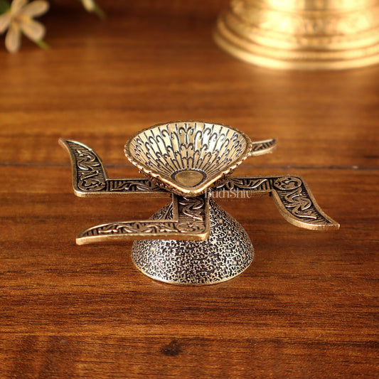 Brass Superfine Swastik Diya Oil Lamp with OM Carvings - Budhshiv.com