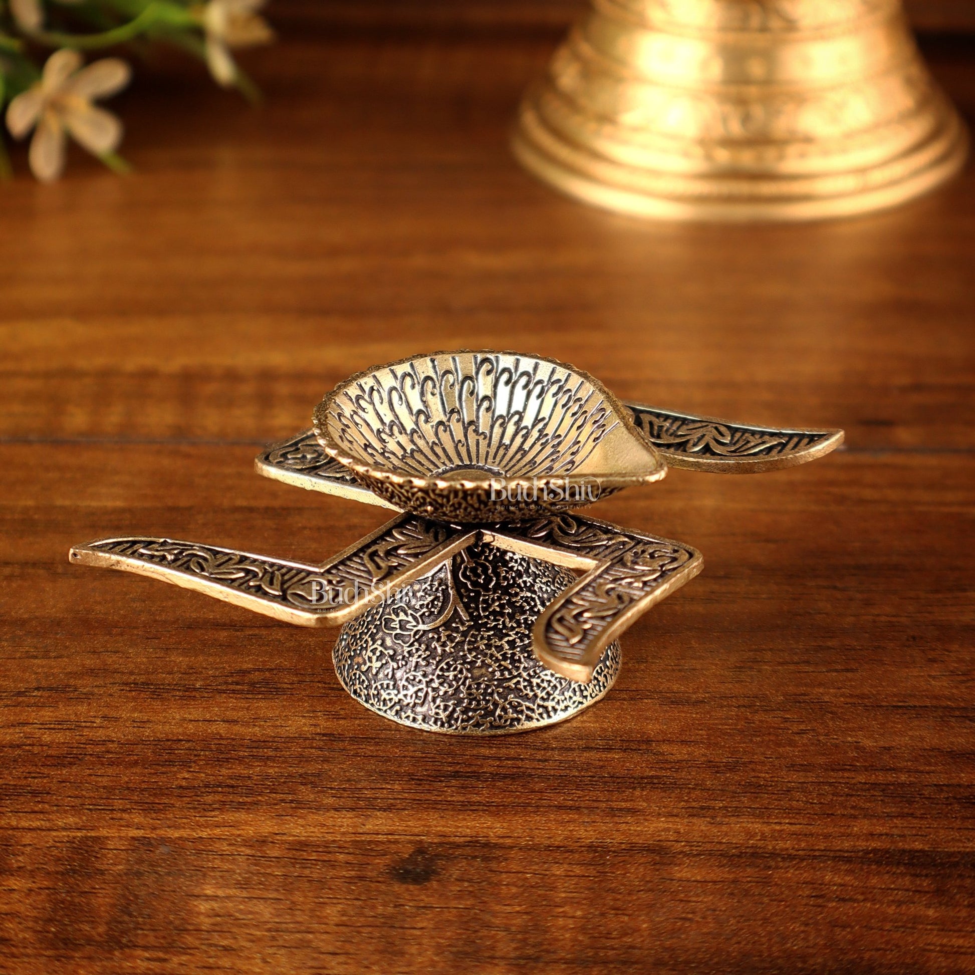 Brass Superfine Swastik Diya Oil Lamp with OM Carvings - Budhshiv.com