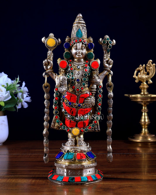 Brass Superfine Tirupati Balaji Lord Venkateshwara Idol with Meenakari Stonework – 11 Inch | BudhShiv - Budhshiv.com