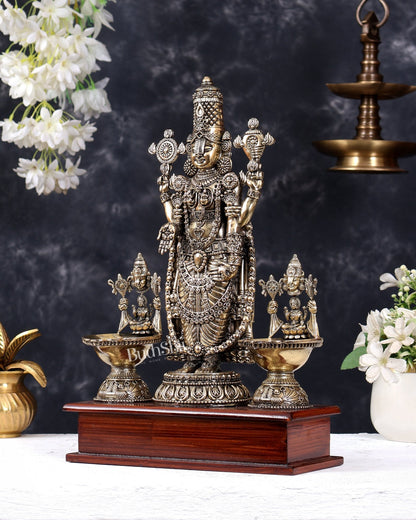 Brass Superfine Tirupati Balaji with Dual Lakshmi Diyas on Wooden Base 14 inch - Budhshiv.com