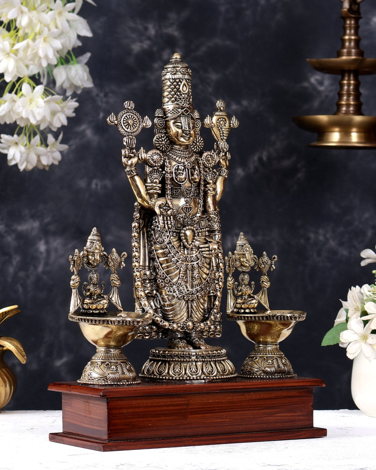 Brass Superfine Tirupati Balaji with Dual Lakshmi Diyas on Wooden Base 14 inch - Budhshiv.com