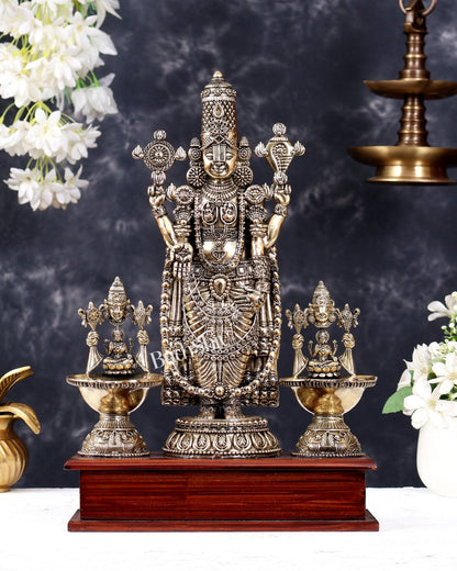 Brass Superfine Tirupati Balaji with Dual Lakshmi Diyas on Wooden Base 14 inch - Budhshiv.com