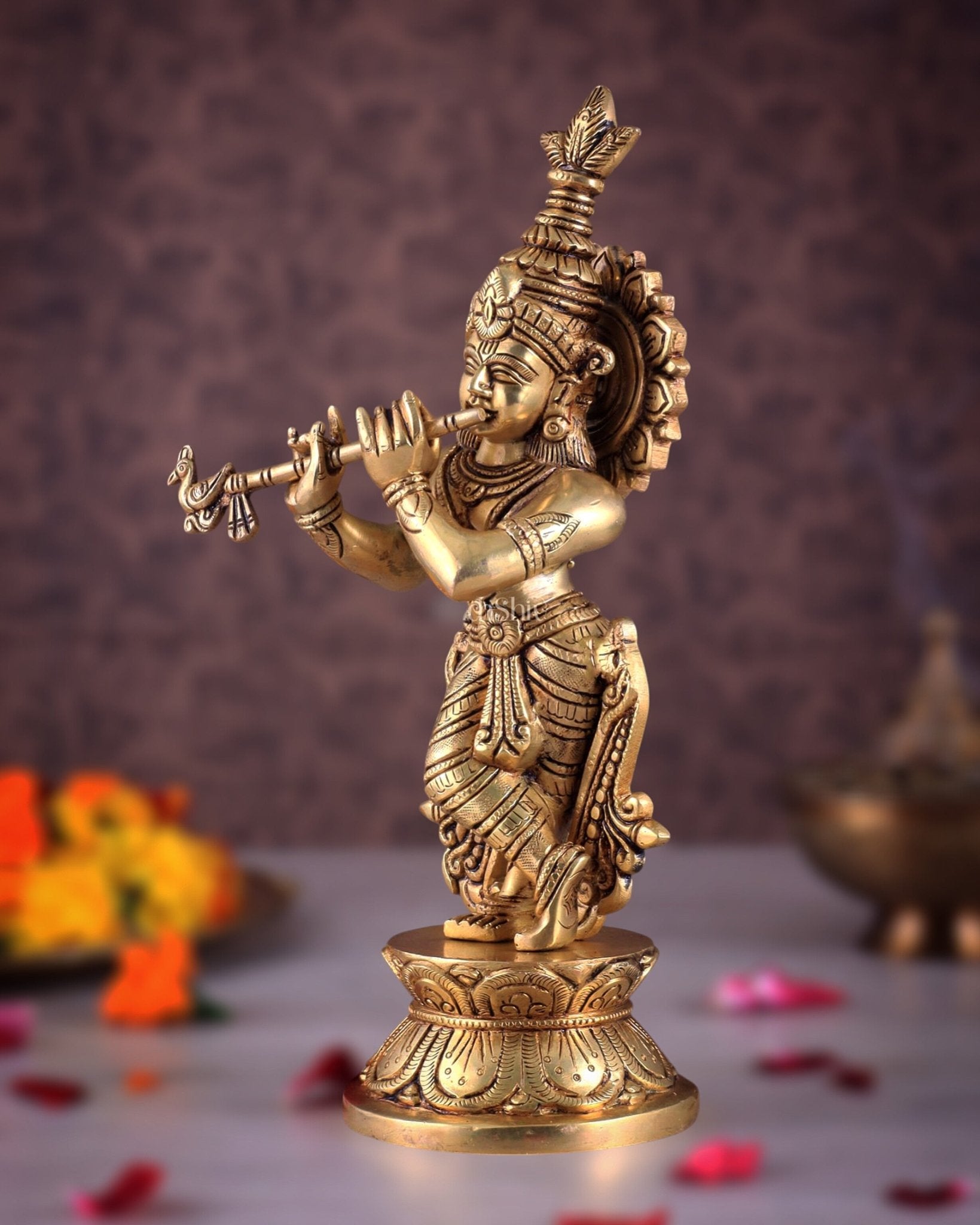 Brass Superfine Unique Lord Krishna Playing the Flute Idol 12" - Budhshiv.com