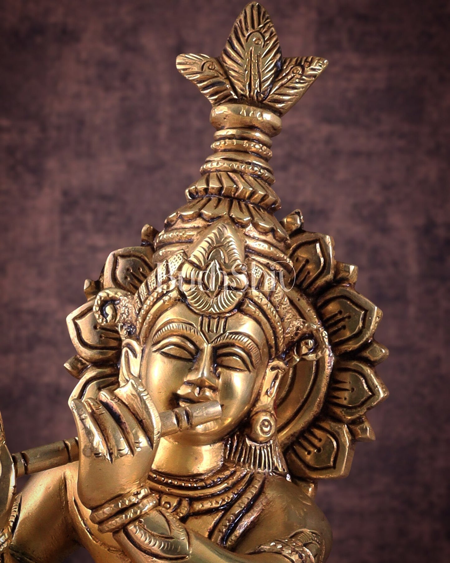 Brass Superfine Unique Lord Krishna Playing the Flute Idol 12" - Budhshiv.com