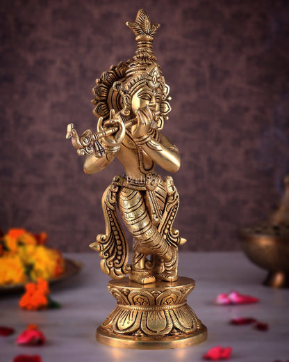 Brass Superfine Unique Lord Krishna Playing the Flute Idol 12" - Budhshiv.com