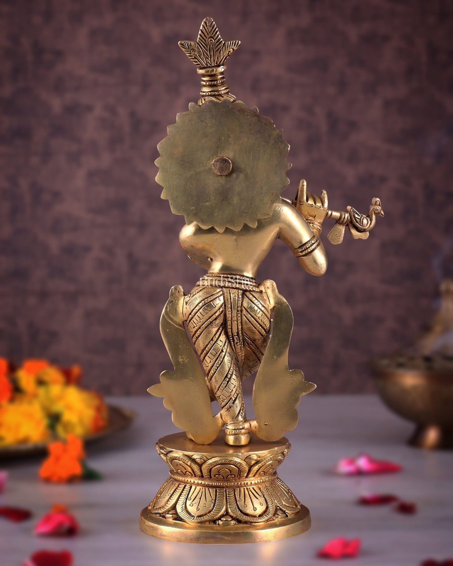 Brass Superfine Unique Lord Krishna Playing the Flute Idol 12" - Budhshiv.com