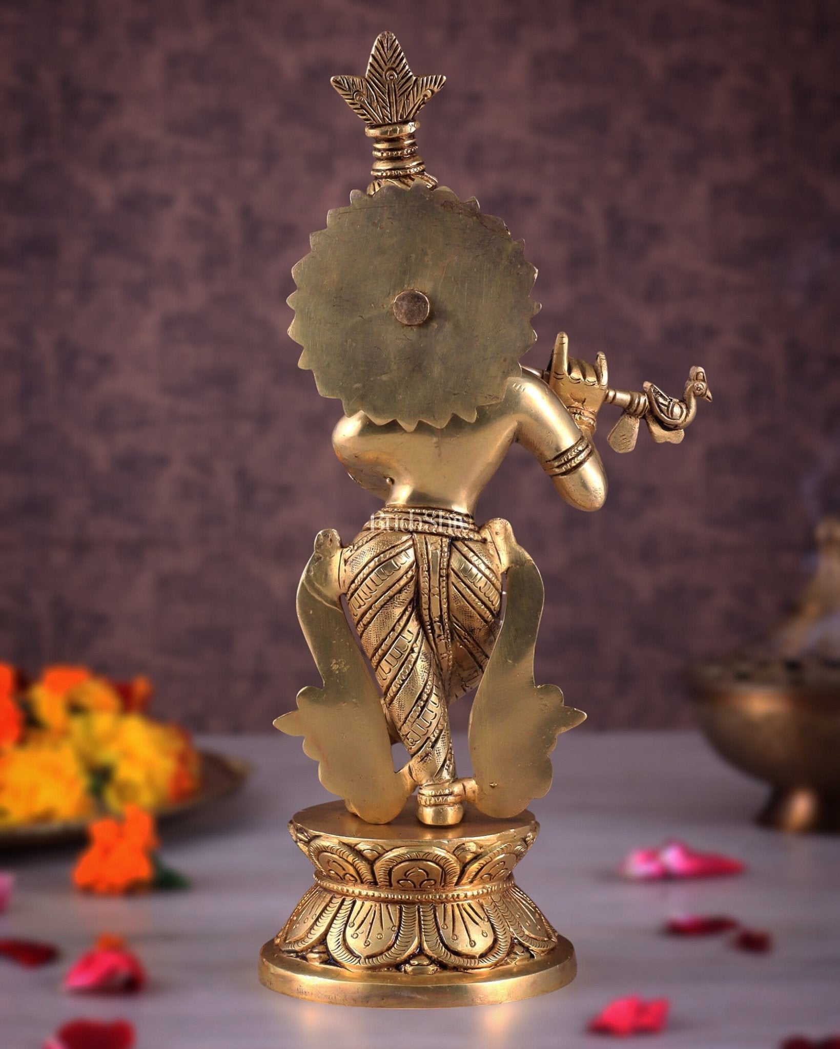 Brass Superfine Unique Lord Krishna Playing the Flute Idol 12" - Budhshiv.com