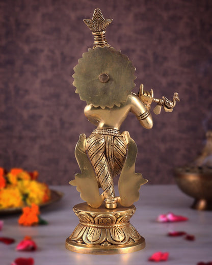 Brass Superfine Unique Lord Krishna Playing the Flute Idol 12" - Budhshiv.com