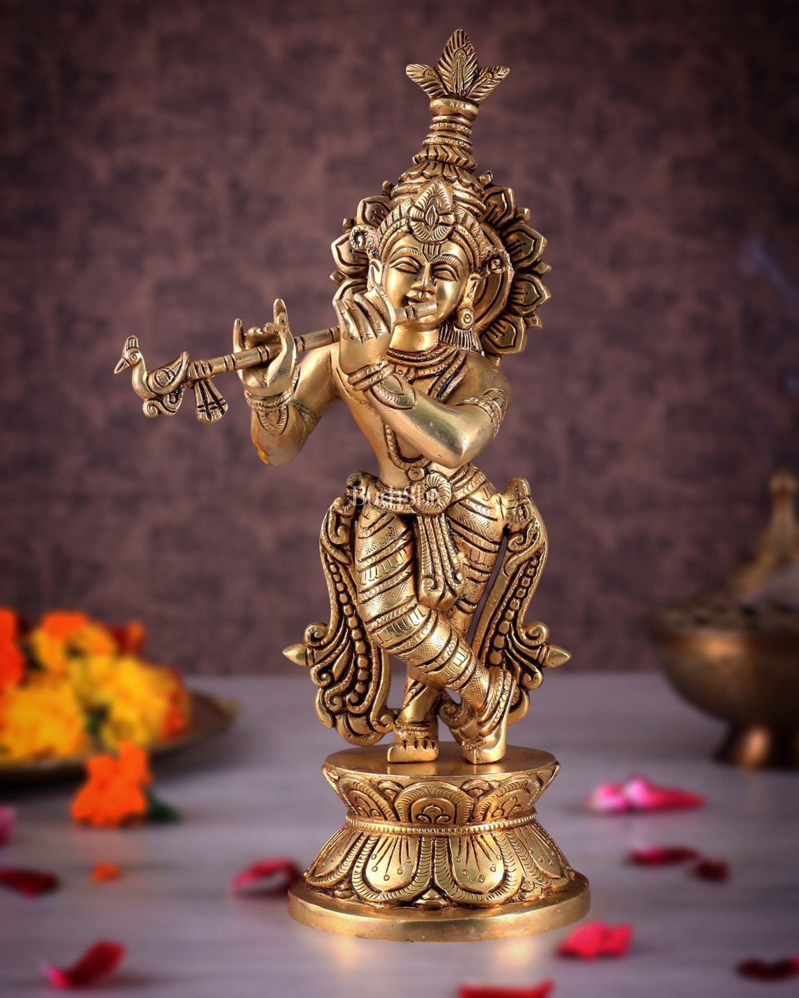 Brass Superfine Unique Lord Krishna Playing the Flute Idol 12" - Budhshiv.com