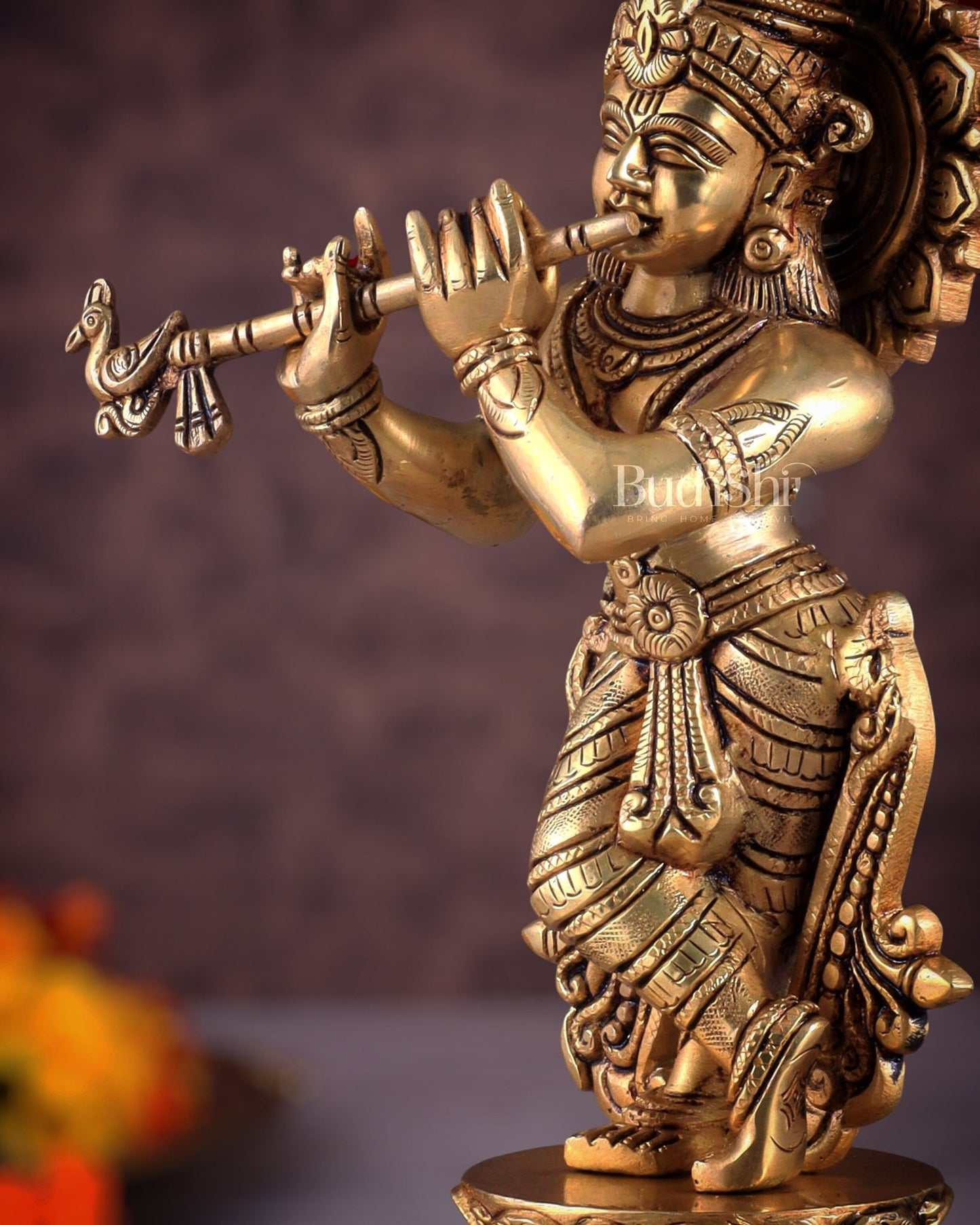 Brass Superfine Unique Lord Krishna Playing the Flute Idol 12" - Budhshiv.com