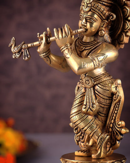 Brass Superfine Unique Lord Krishna Playing the Flute Idol 12" - Budhshiv.com