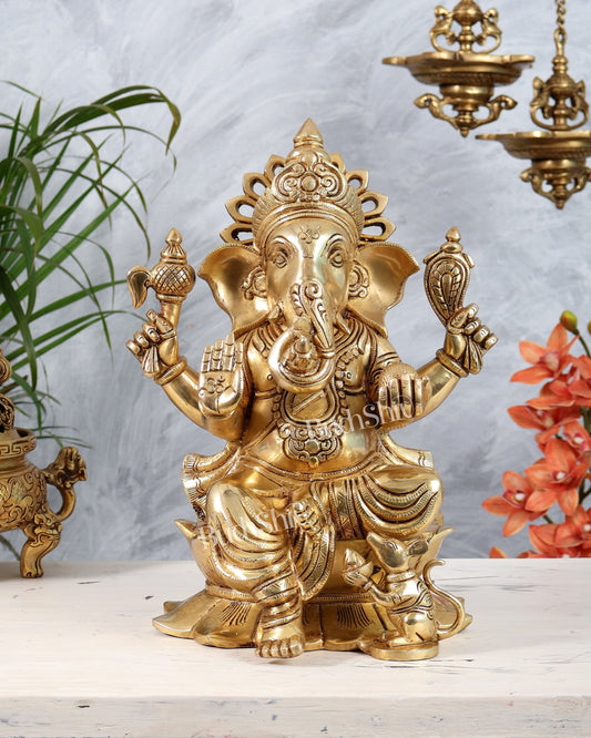Brass Superfine Valampuri Dakshinavarti Ganesha Statue on Lotus | Right Trunk Ganapati Idol 14" - Budhshiv.com