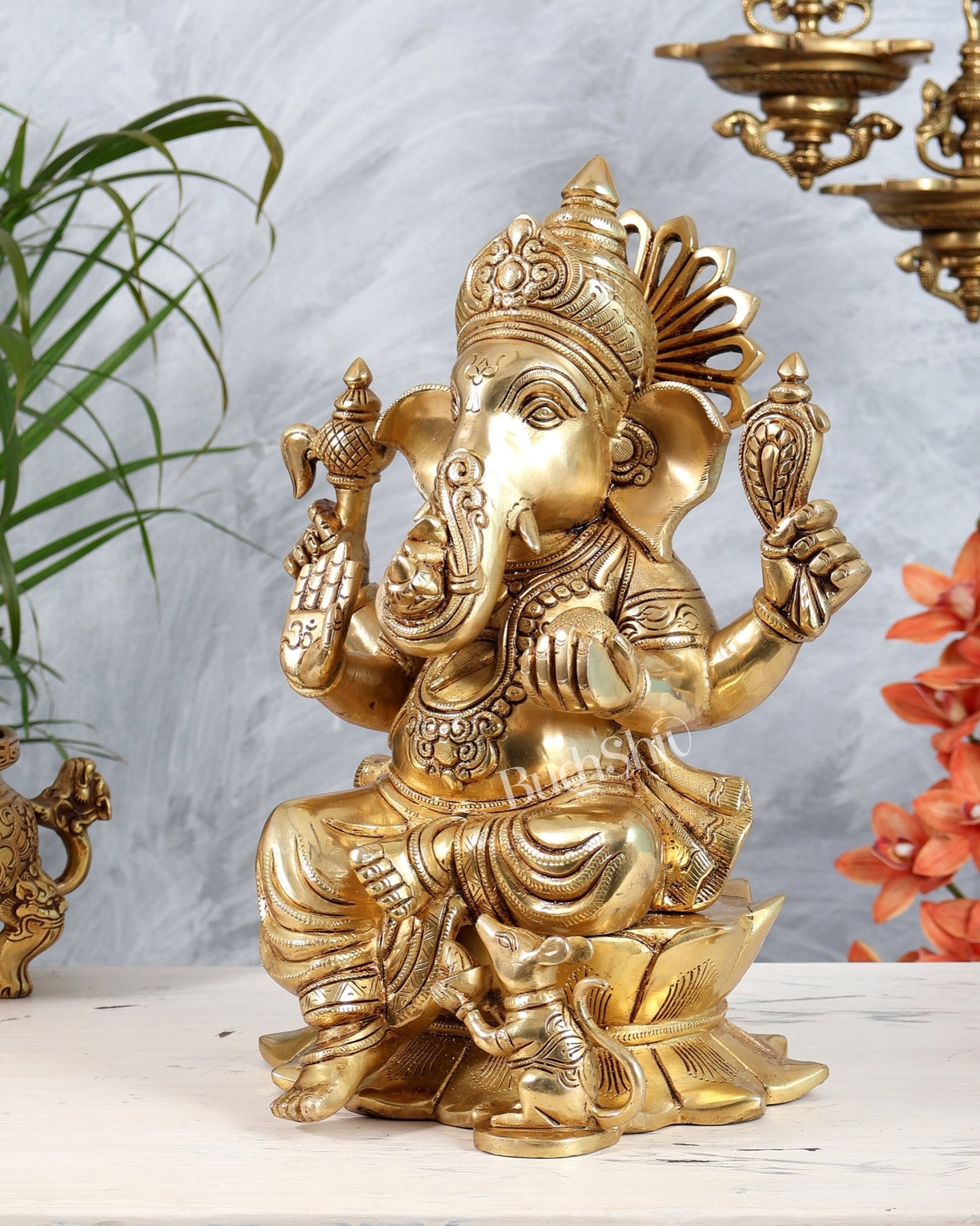 Brass Superfine Valampuri Dakshinavarti Ganesha Statue on Lotus | Right Trunk Ganapati Idol 14" - Budhshiv.com