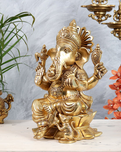 Brass Superfine Valampuri Dakshinavarti Ganesha Statue on Lotus | Right Trunk Ganapati Idol 14" - Budhshiv.com