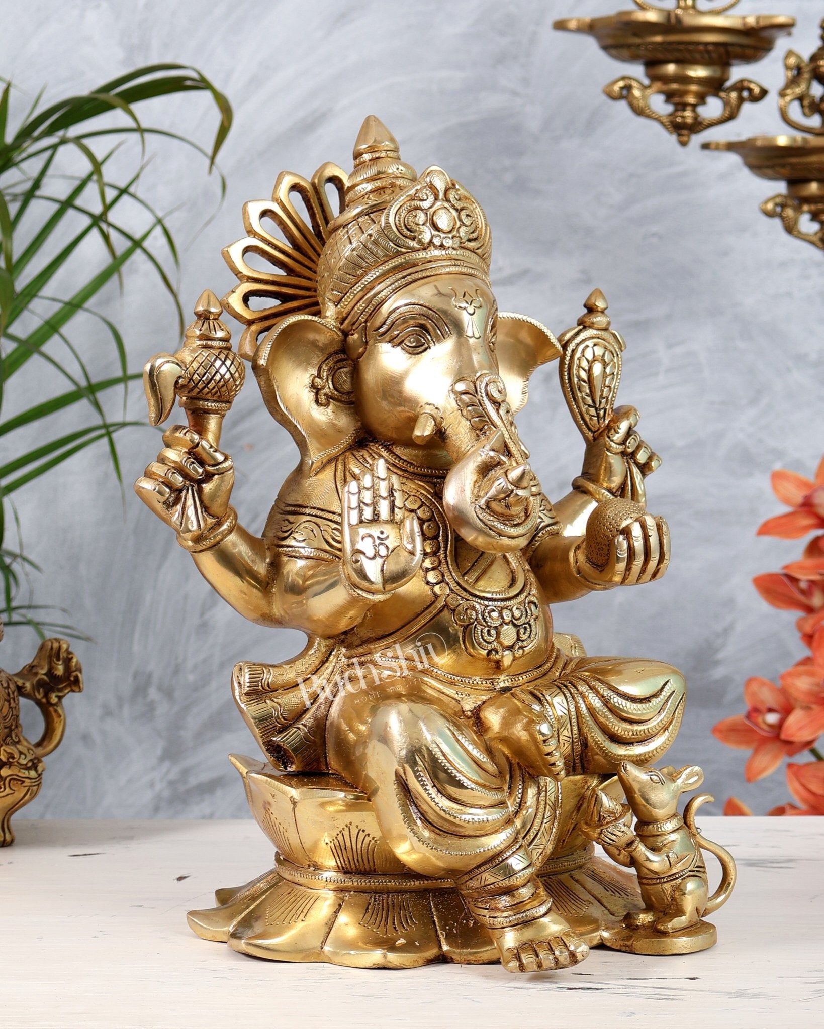Brass Superfine Valampuri Dakshinavarti Ganesha Statue on Lotus | Right Trunk Ganapati Idol 14" - Budhshiv.com