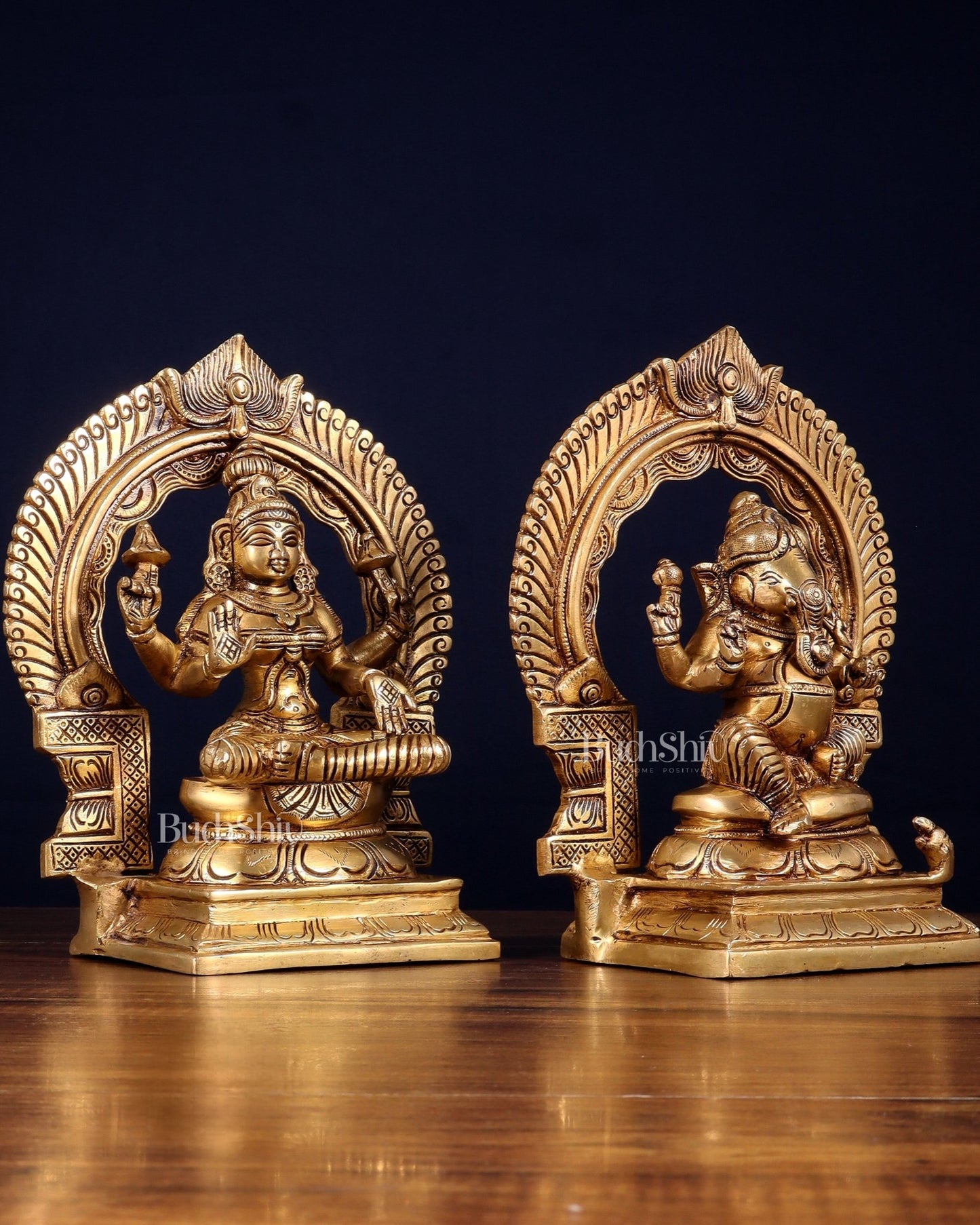 Brass Superfine valumburi Ganesh Lakshmi in padmasana with Prabhavali Idol Set 9" - Budhshiv.com