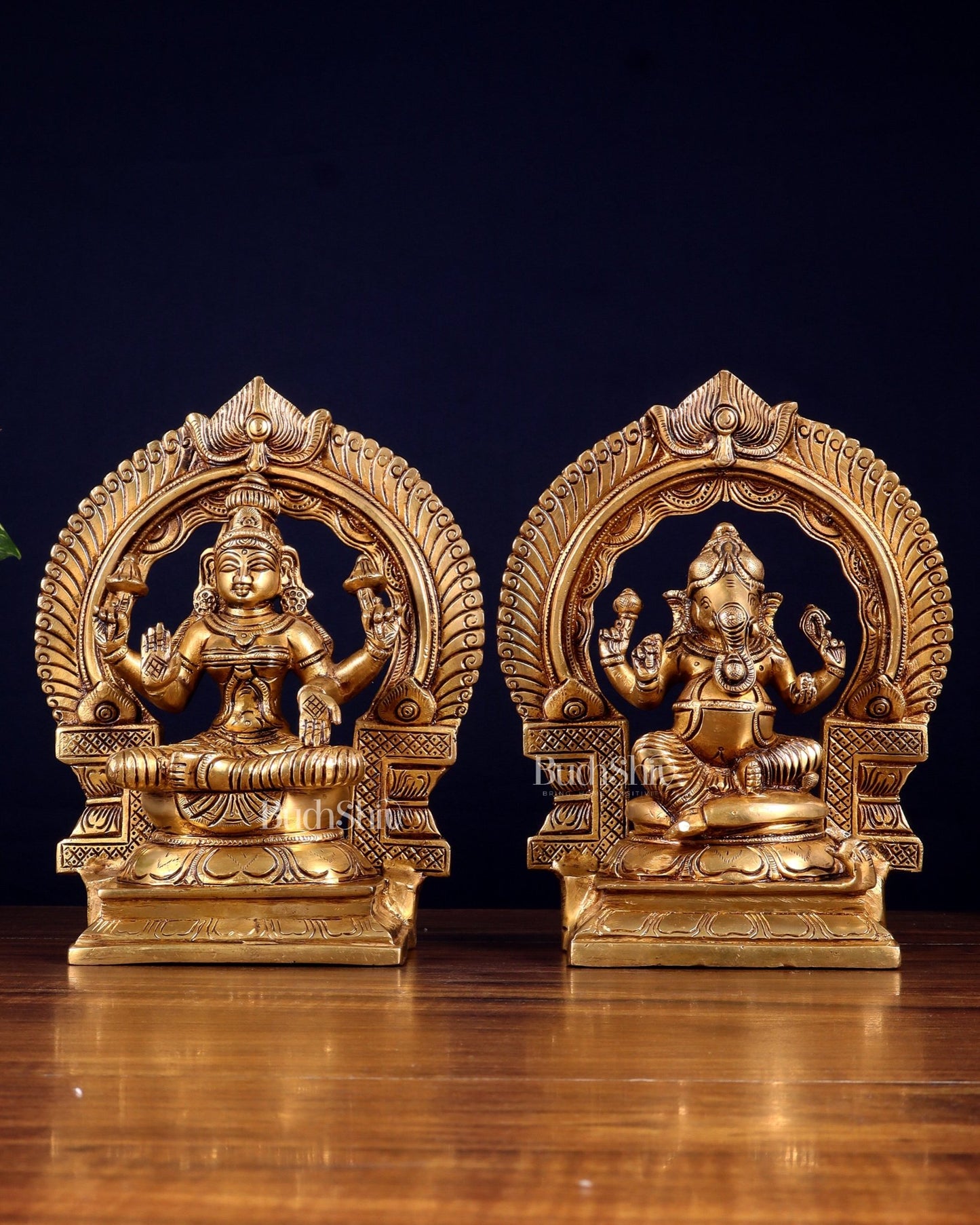 Brass Superfine valumburi Ganesh Lakshmi in padmasana with Prabhavali Idol Set 9" - Budhshiv.com
