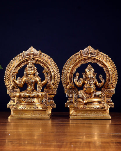 Brass Superfine valumburi Ganesh Lakshmi in padmasana with Prabhavali Idol Set 9" - Budhshiv.com