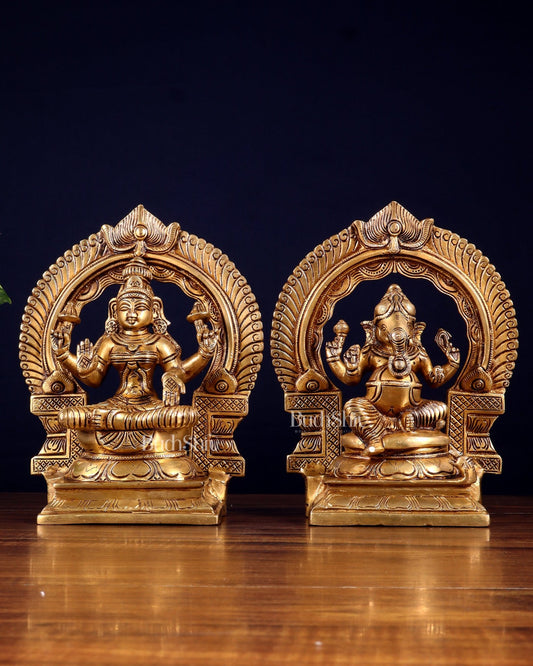 Brass Superfine valumburi Ganesh Lakshmi in padmasana with Prabhavali Idol Set 9" - Budhshiv.com