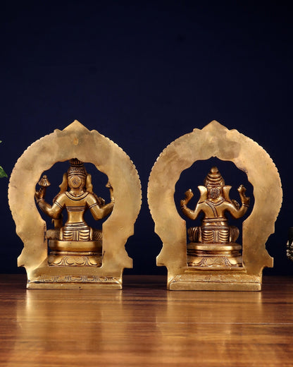 Brass Superfine valumburi Ganesh Lakshmi in padmasana with Prabhavali Idol Set 9" - Budhshiv.com
