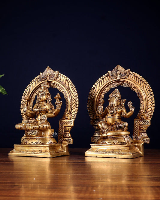 Brass Superfine valumburi Ganesh Lakshmi in padmasana with Prabhavali Idol Set 9" - Budhshiv.com