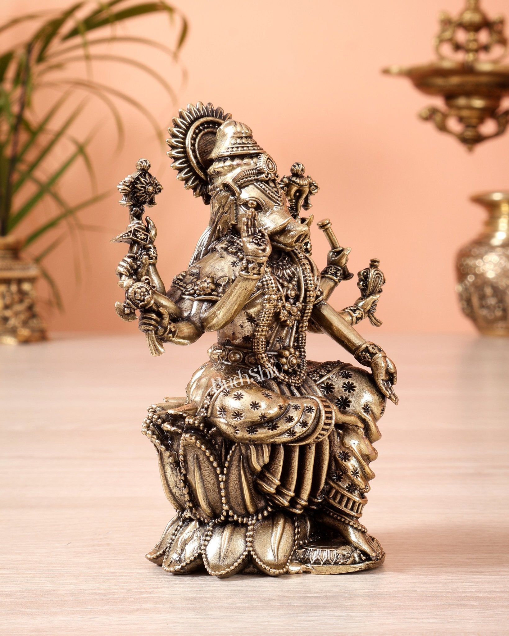 Brass Superfine Varahi Amman on Lotus Idol (5 Inch, Hollow Casting) - Budhshiv.com