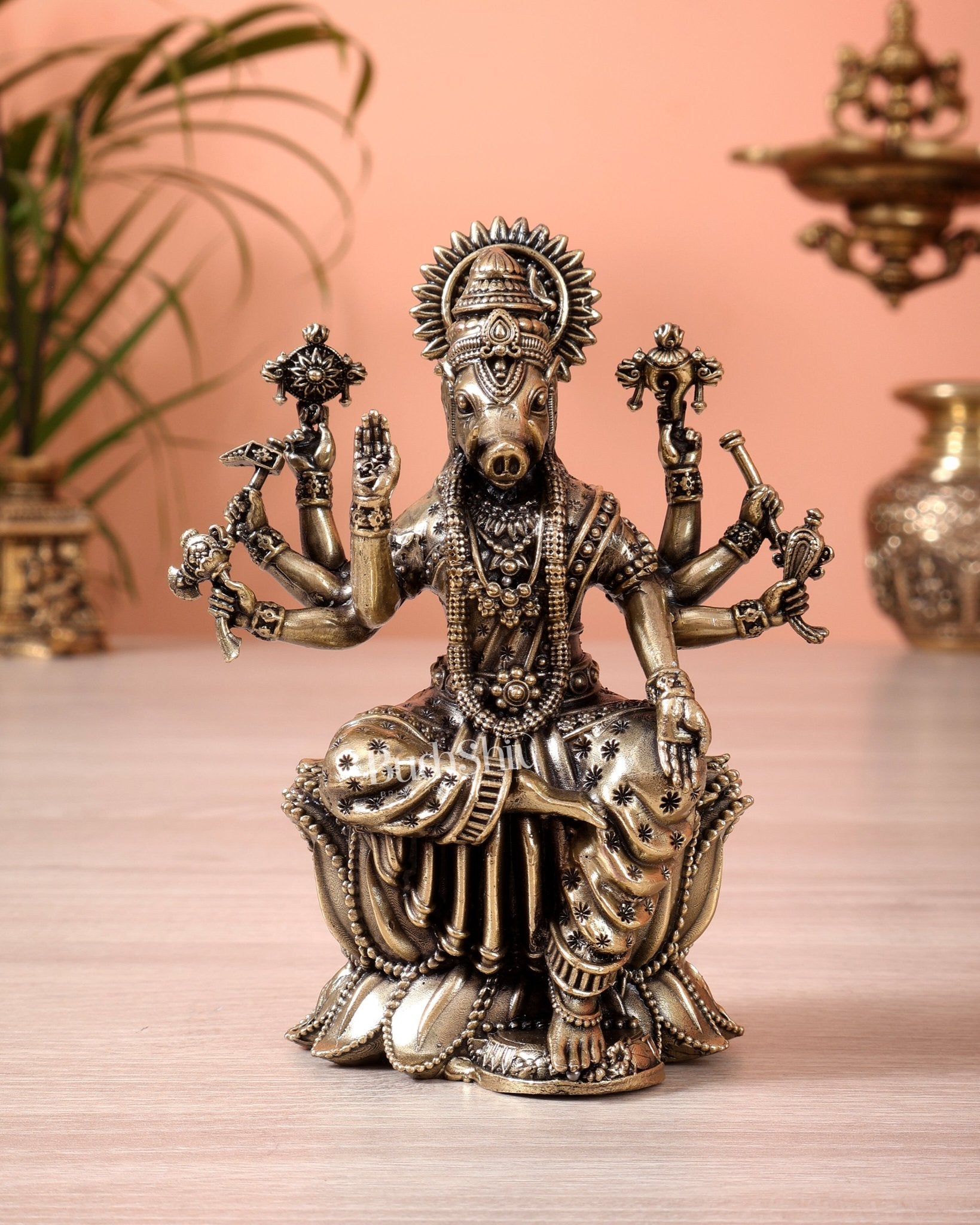 Brass Superfine Varahi Amman on Lotus Idol (5 Inch, Hollow Casting) - Budhshiv.com