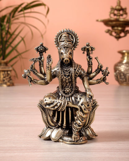 Brass Superfine Varahi Amman on Lotus Idol (5 Inch, Hollow Casting) - Budhshiv.com