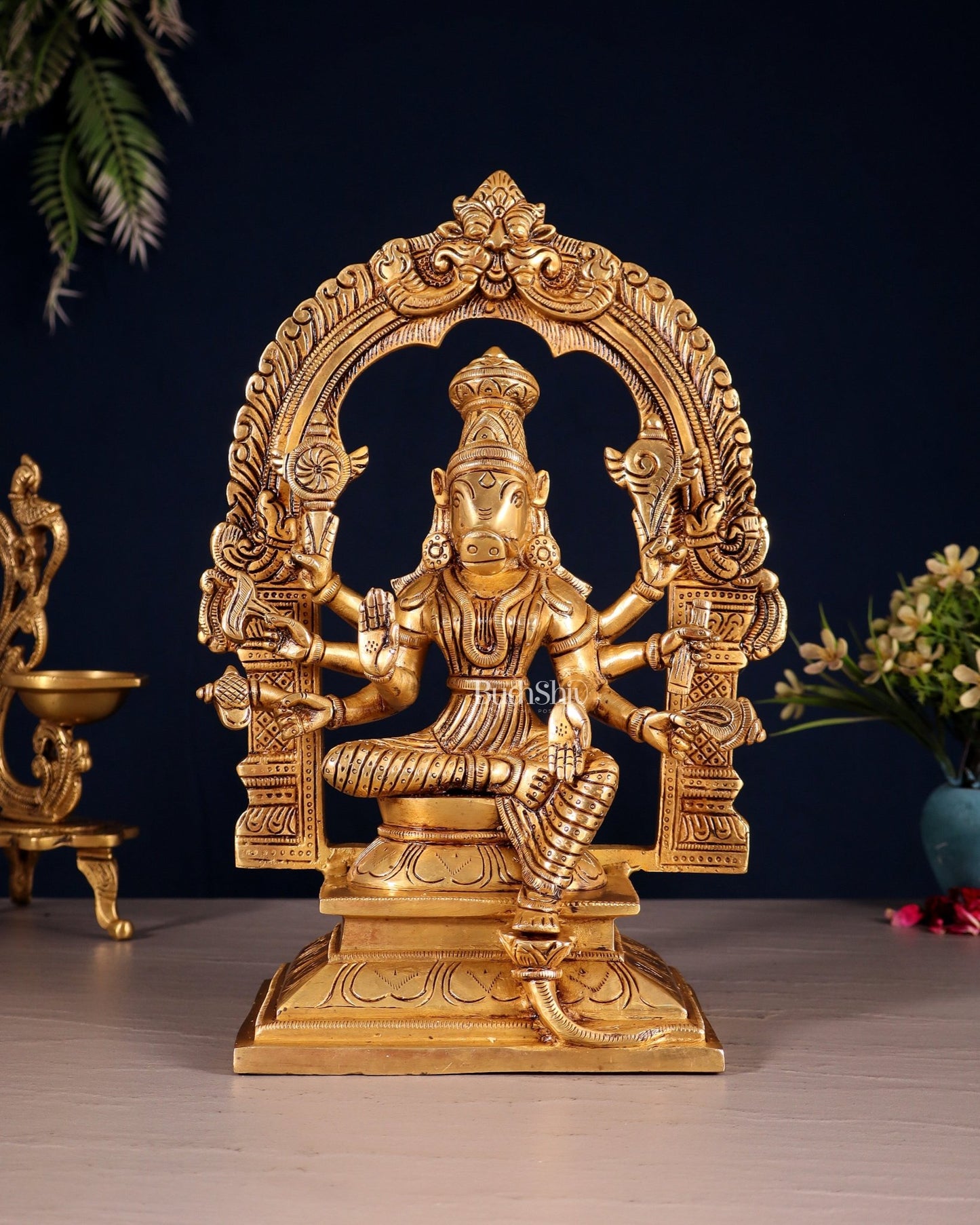 Brass Superfine Varahi Amman with Prabhavali Idol 11.5" - Budhshiv.com