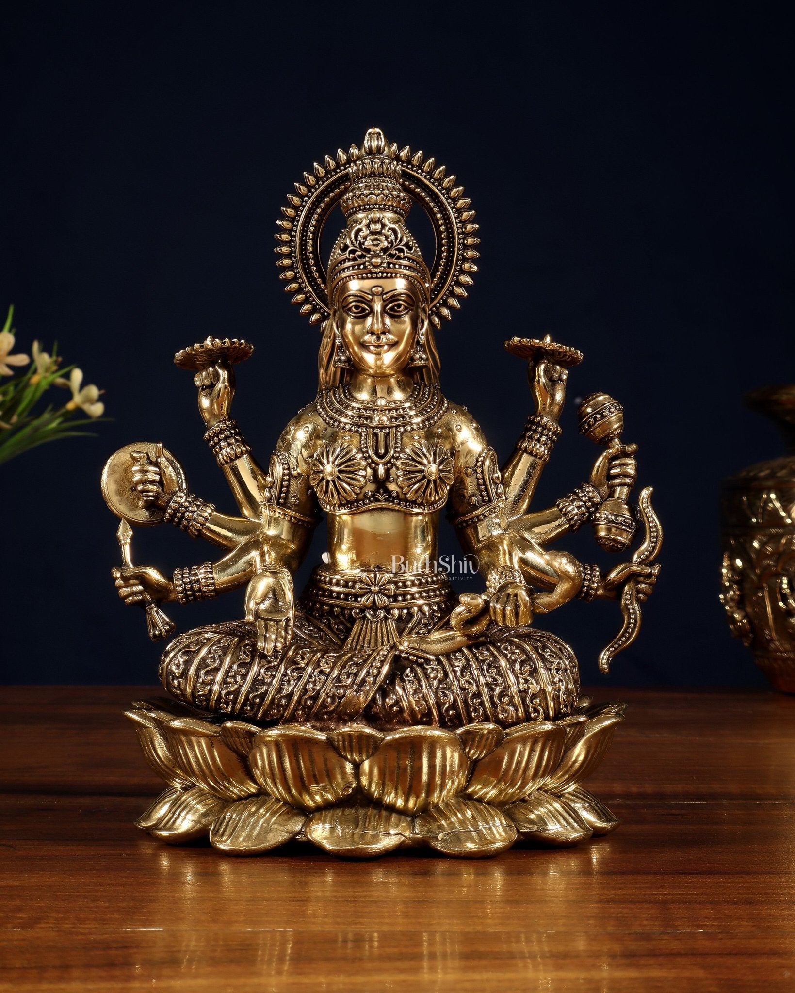Brass Superfine Vijaya Lakshmi Idol with Eight Arms – 6.75" - Budhshiv.com