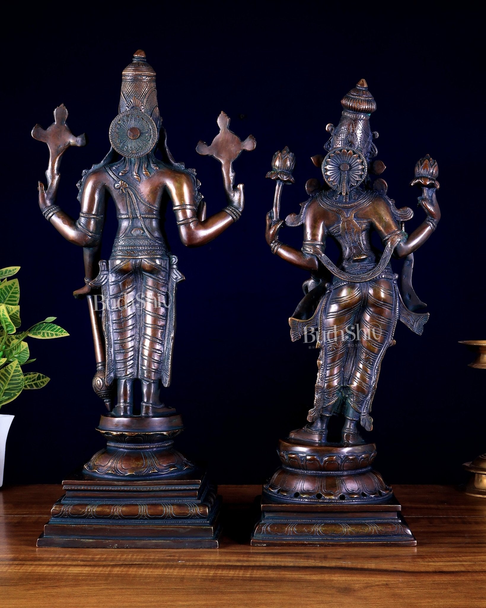 Brass Superfine Vishnu and Goddess Lakshmi Statues bronze tone Pair 20.5" - Budhshiv.com