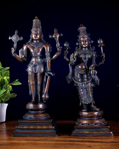 Brass Superfine Vishnu and Goddess Lakshmi Statues bronze tone Pair 20.5" - Budhshiv.com