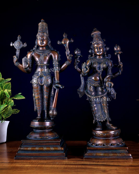 Brass Superfine Vishnu and Goddess Lakshmi Statues bronze tone Pair 20.5" - Budhshiv.com