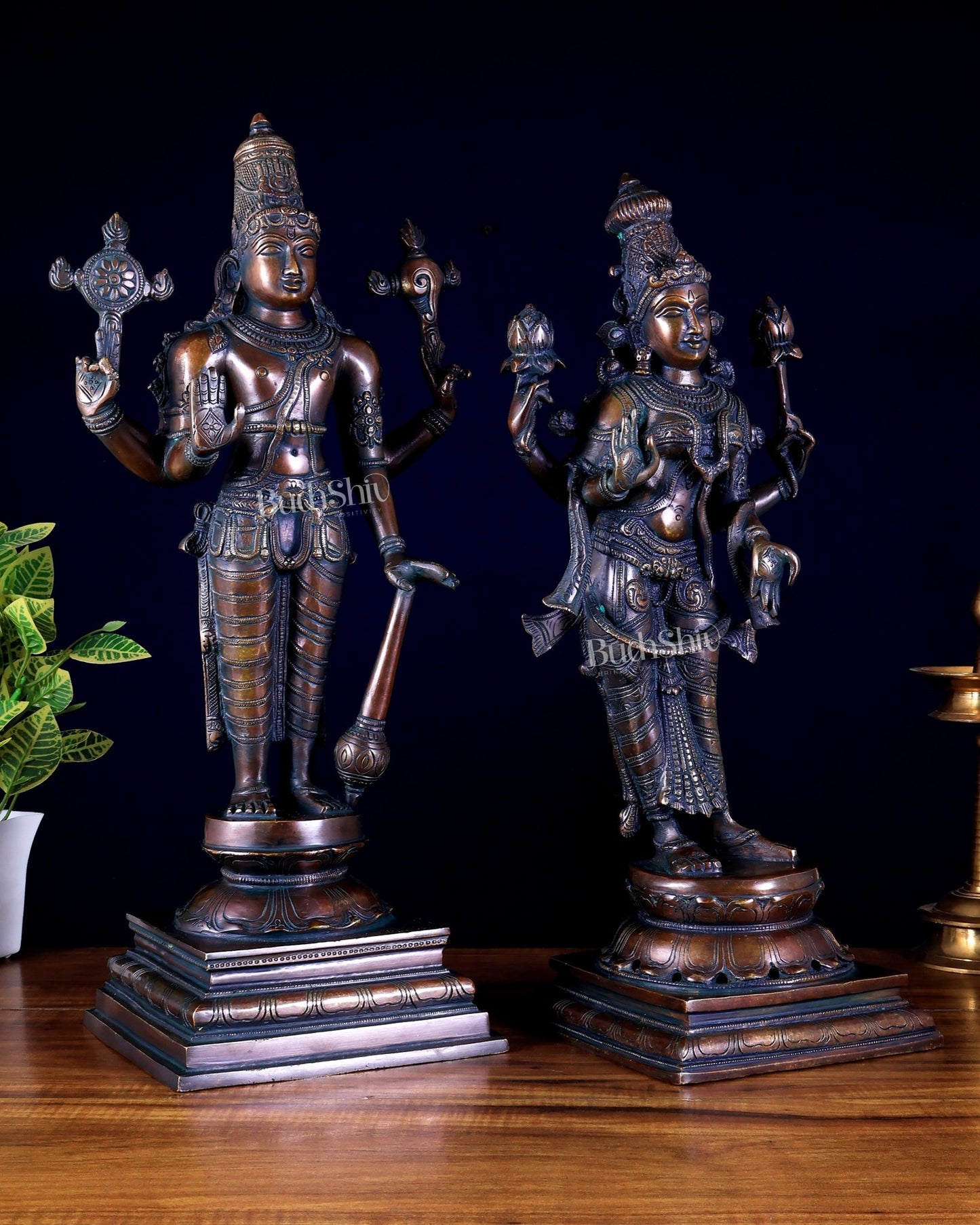 Brass Superfine Vishnu and Goddess Lakshmi Statues bronze tone Pair 20.5" - Budhshiv.com