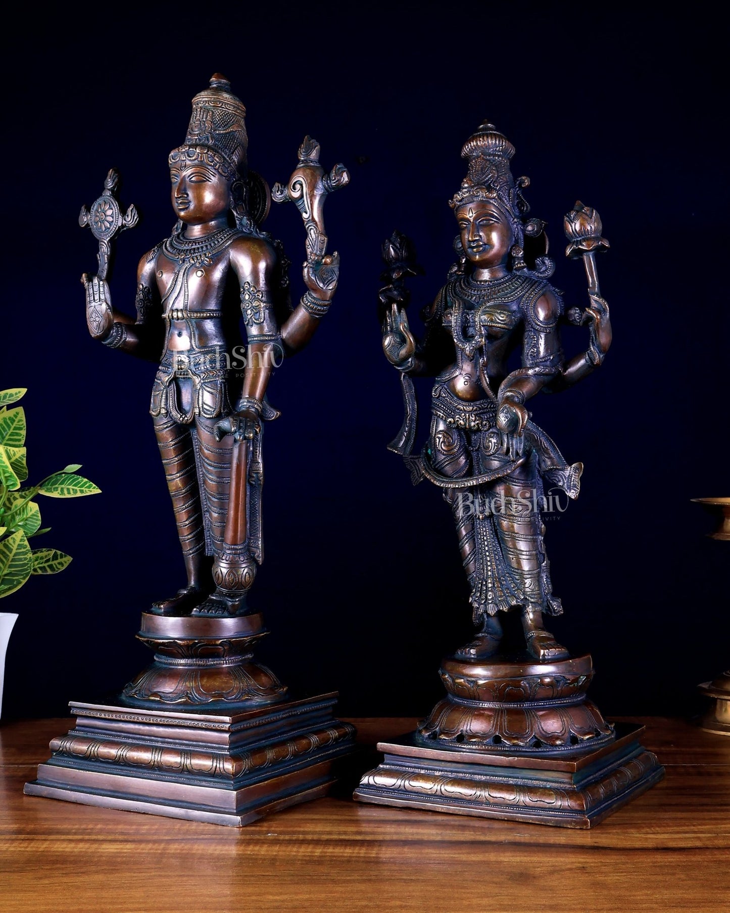 Brass Superfine Vishnu and Goddess Lakshmi Statues bronze tone Pair 20.5" - Budhshiv.com