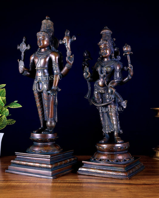 Brass Superfine Vishnu and Goddess Lakshmi Statues bronze tone Pair 20.5" - Budhshiv.com