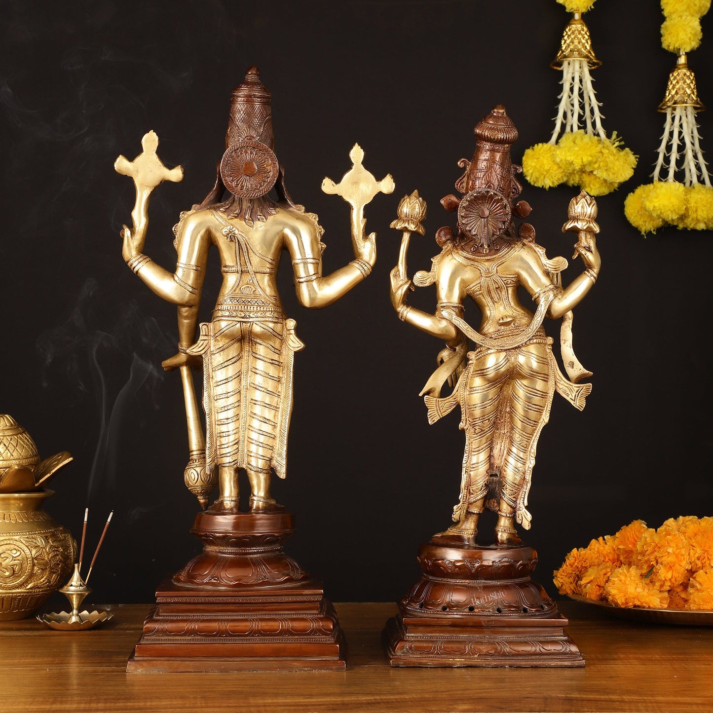 Brass Superfine Vishnu and Goddess Lakshmi Statues - Elegant Dual Tone Pair 20.5" - Budhshiv.com