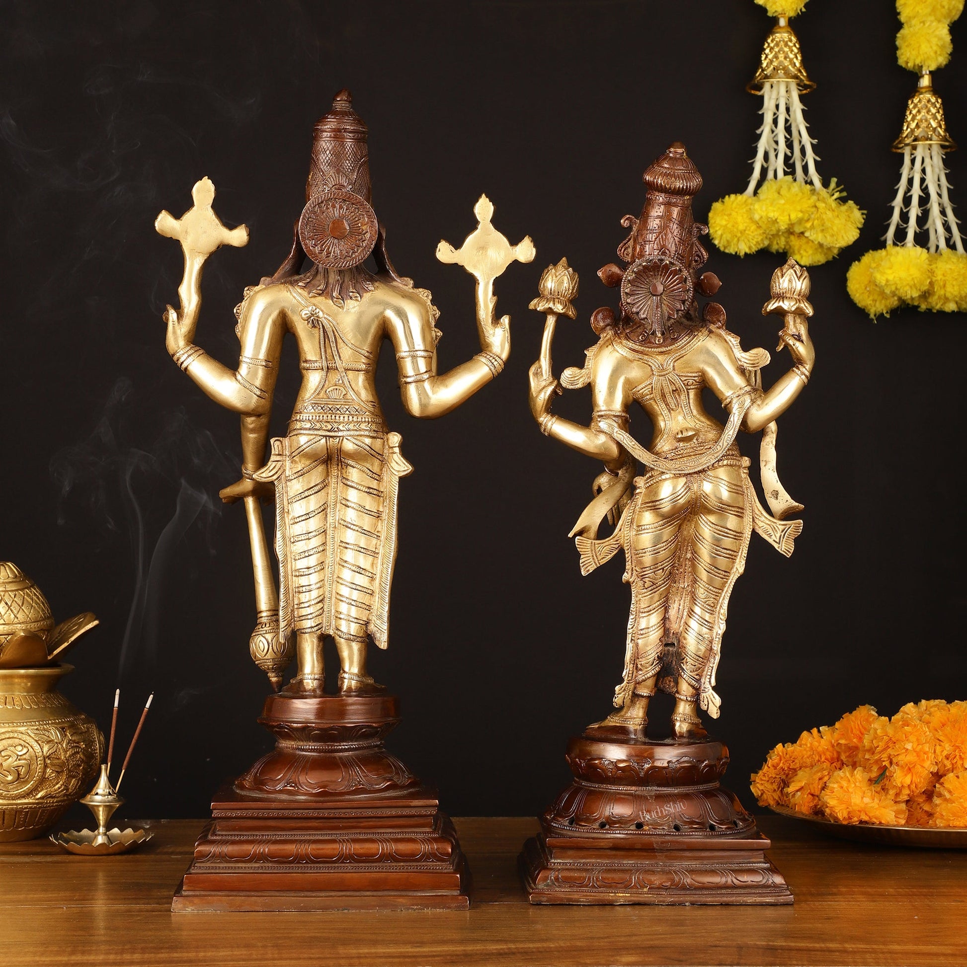 Brass Superfine Vishnu and Goddess Lakshmi Statues - Elegant Dual Tone Pair 20.5" - Budhshiv.com