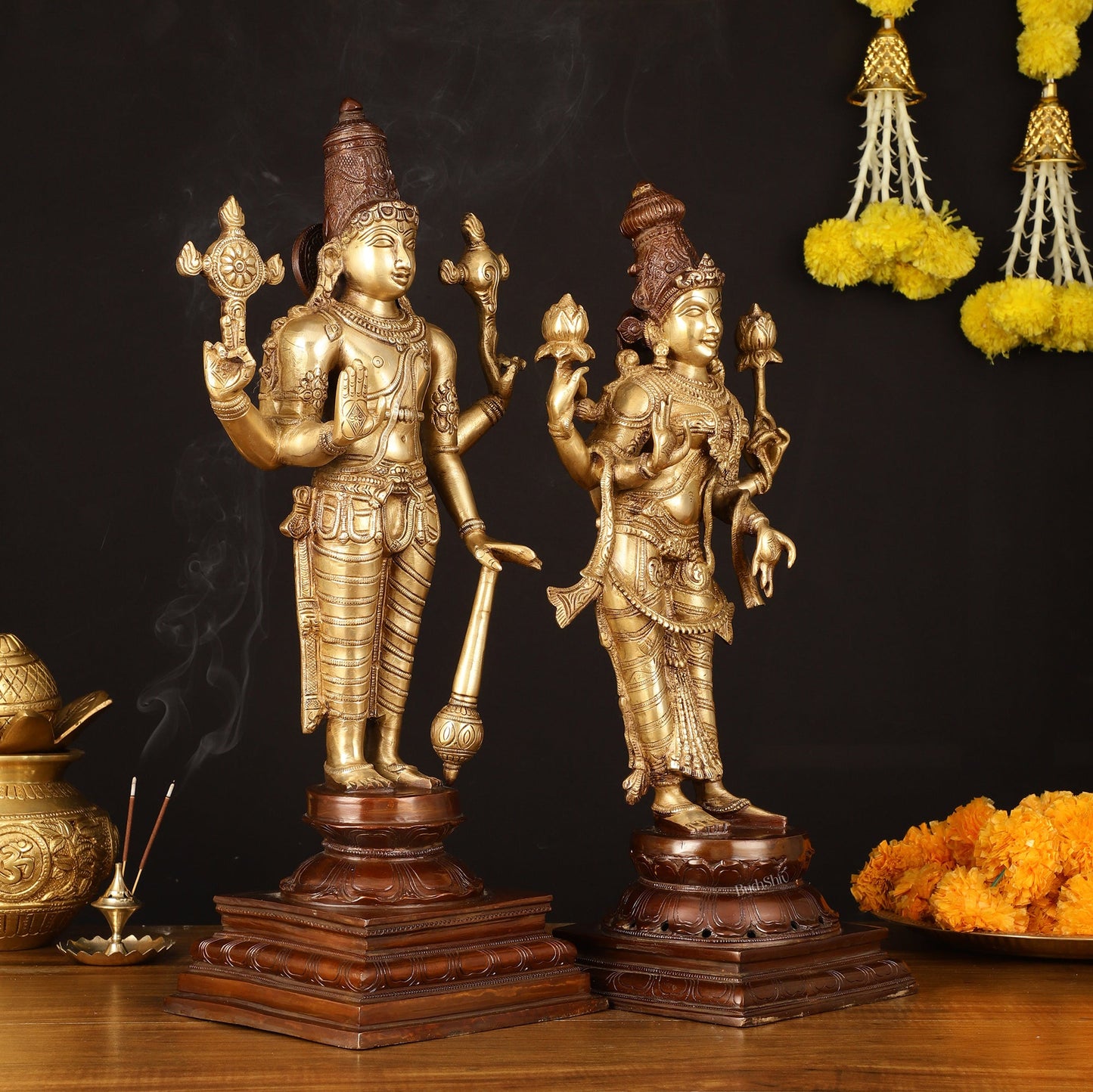 Brass Superfine Vishnu and Goddess Lakshmi Statues - Elegant Dual Tone Pair 20.5" - Budhshiv.com