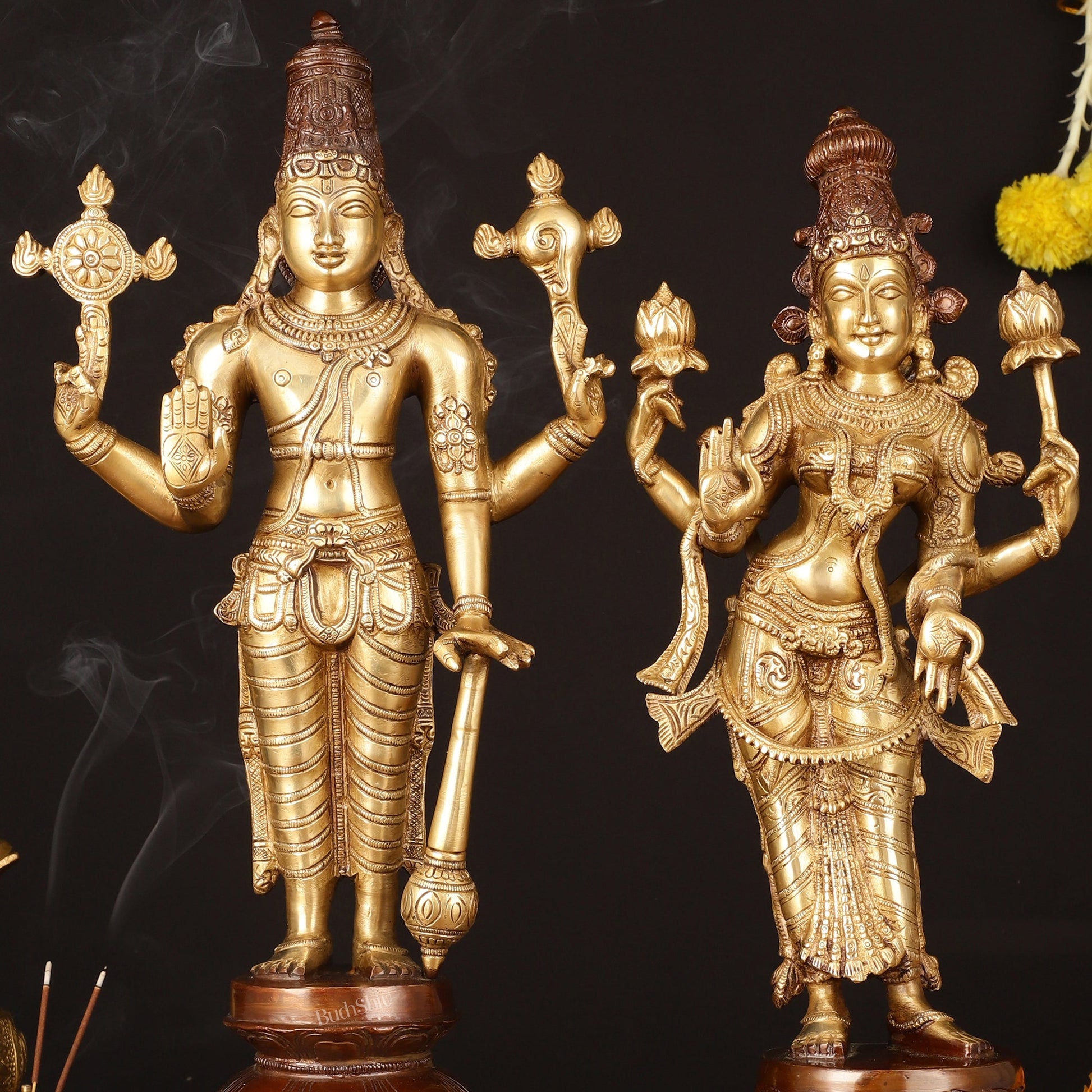 Brass Superfine Vishnu and Goddess Lakshmi Statues - Elegant Dual Tone Pair 20.5" - Budhshiv.com