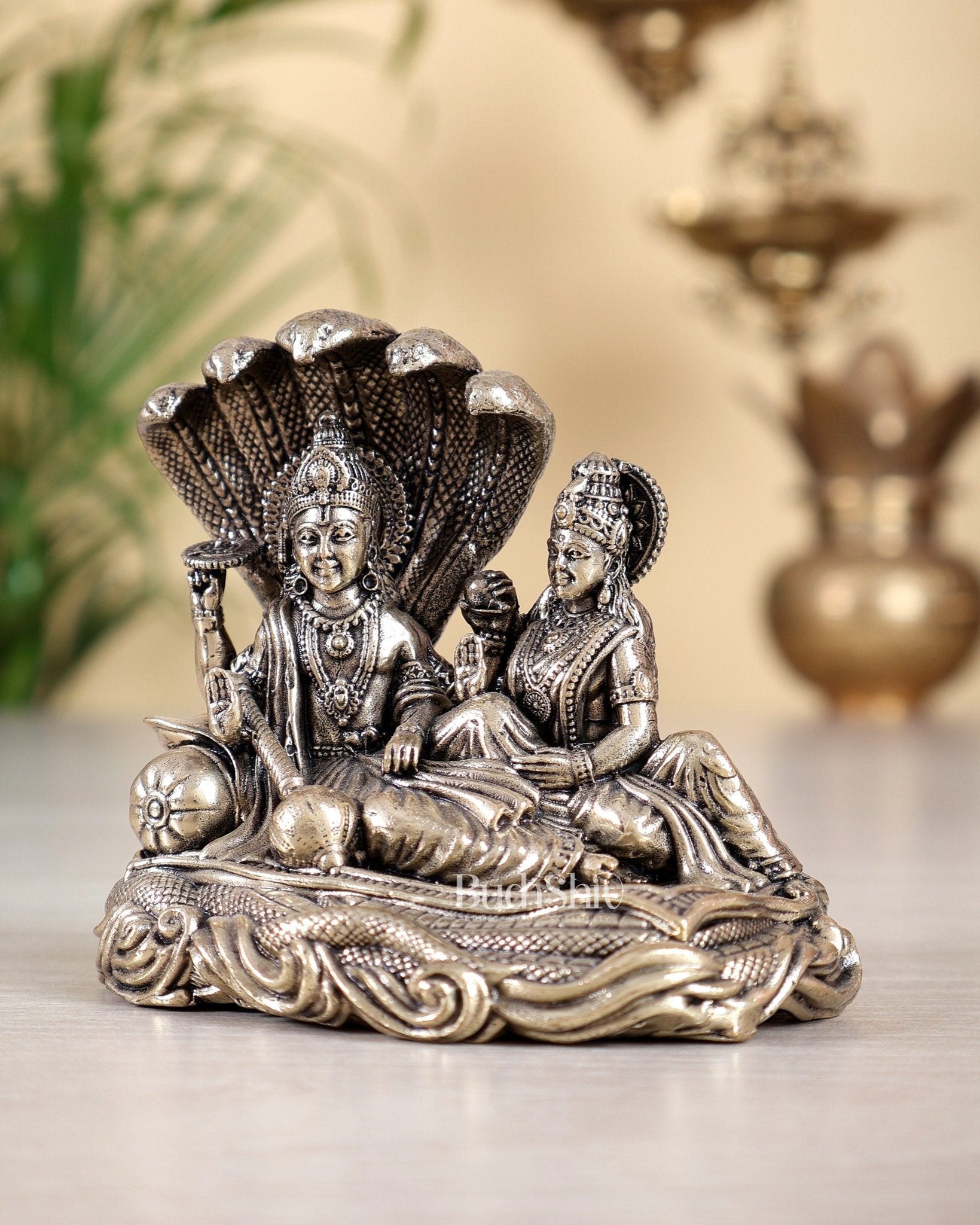 Brass Superfine Vishnu Lakshmi narayan Resting on Sheshanaag Idol 3 inch - Budhshiv.com