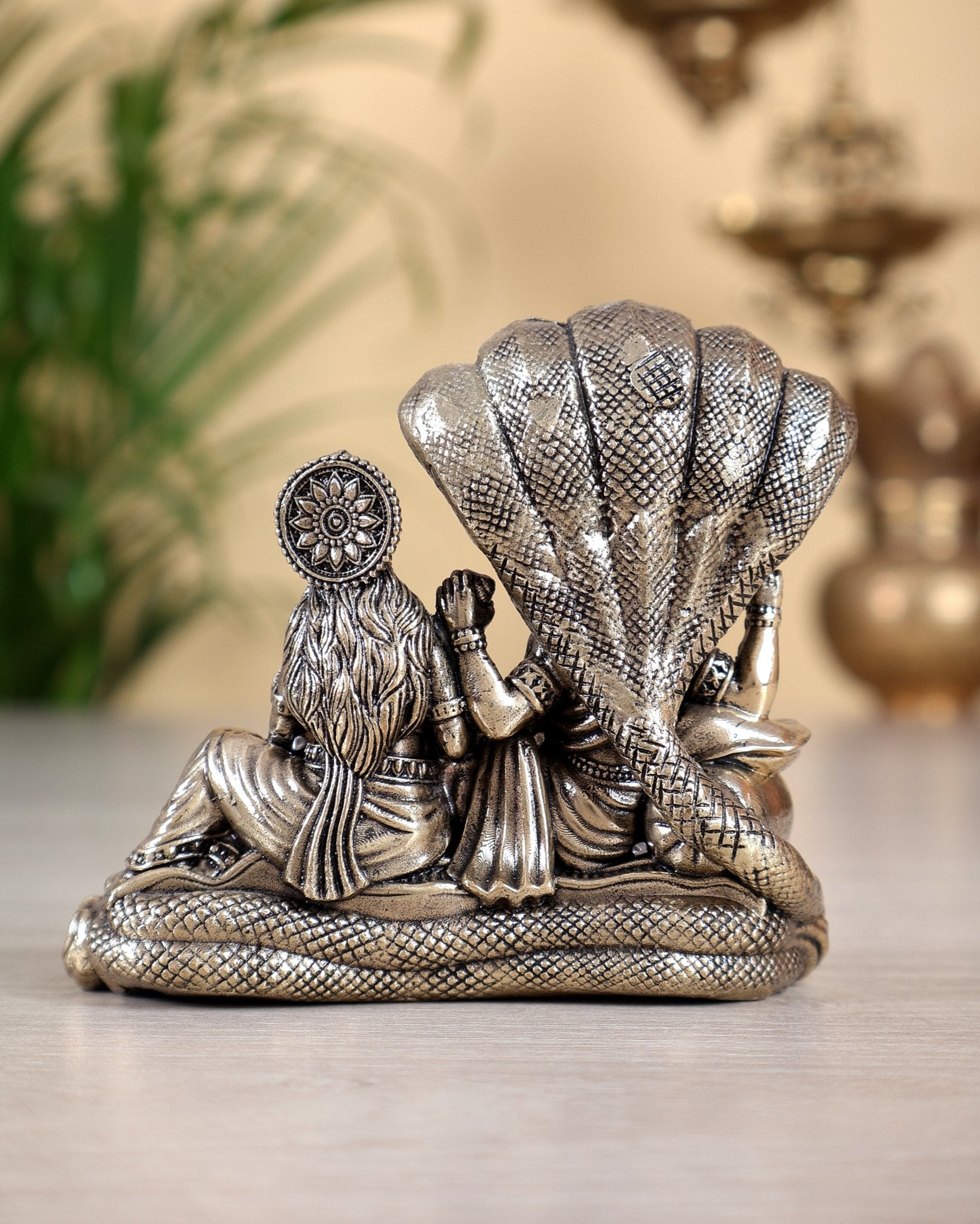 Brass Superfine Vishnu Lakshmi narayan Resting on Sheshanaag Idol 3 inch - Budhshiv.com