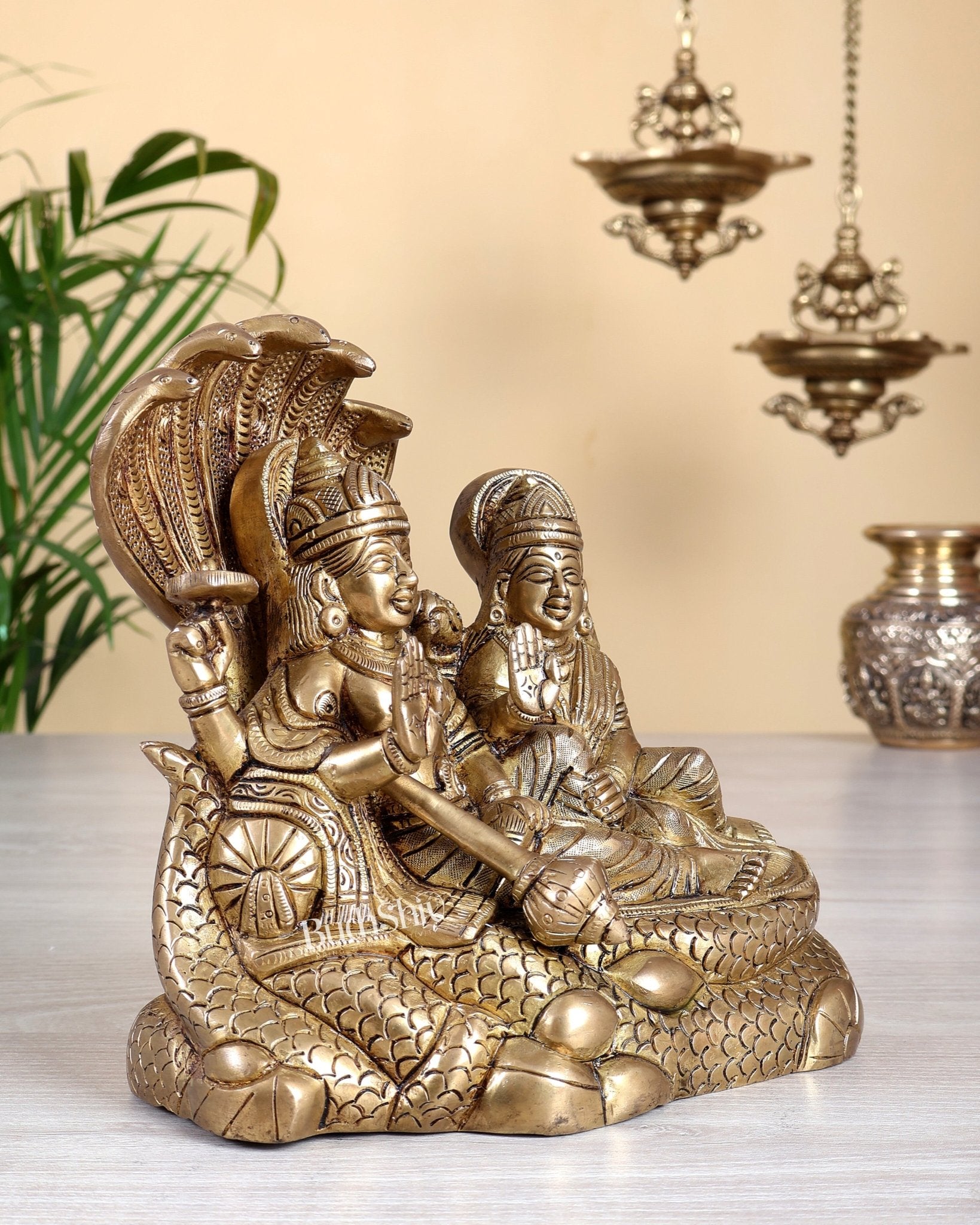 Brass Superfine Vishnu Lakshmi on Sheshanaag Idol - 7.5" Height - Budhshiv.com
