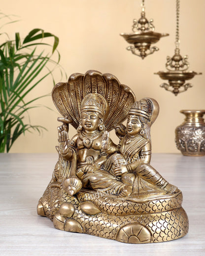 Brass Superfine Vishnu Lakshmi on Sheshanaag Idol - 7.5" Height - Budhshiv.com