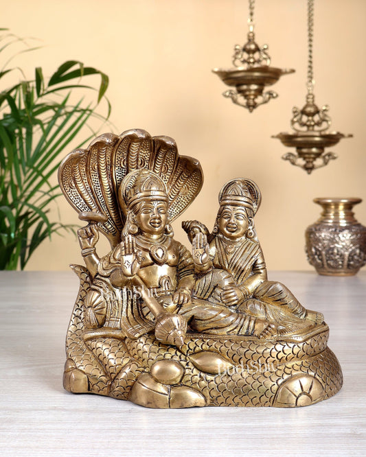 Brass Superfine Vishnu Lakshmi on Sheshanaag Idol - 7.5" Height - Budhshiv.com