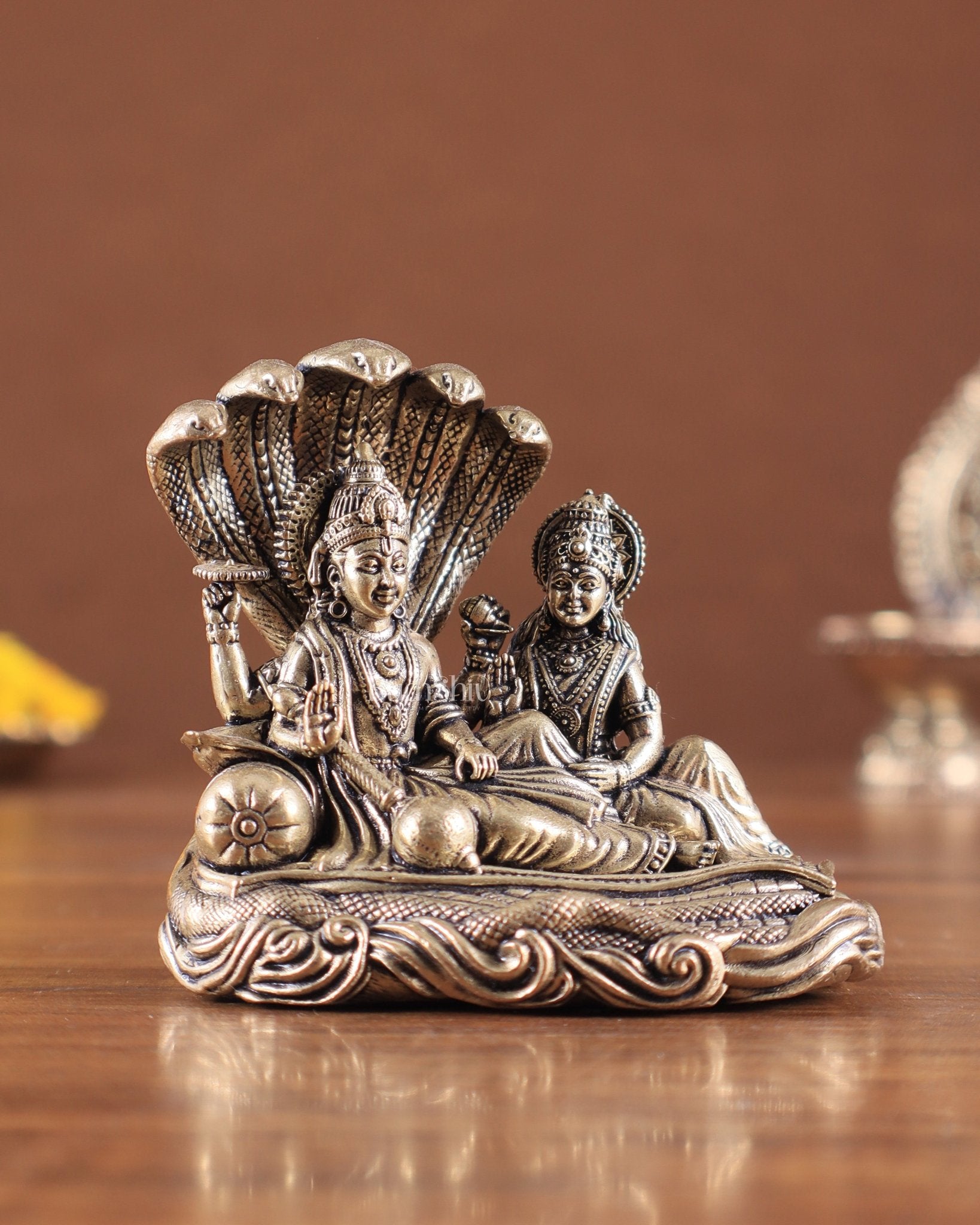 Brass Superfine Vishnu Lakshmi Resting on Sheshanaag Idol – Exquisite Intricate Detailing - Budhshiv.com