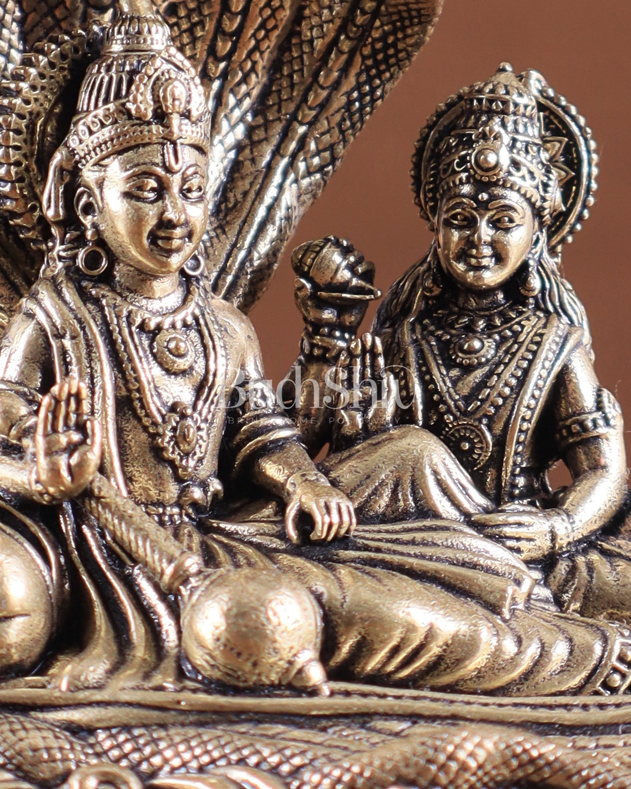 Brass Superfine Vishnu Lakshmi Resting on Sheshanaag Idol – Exquisite Intricate Detailing - Budhshiv.com