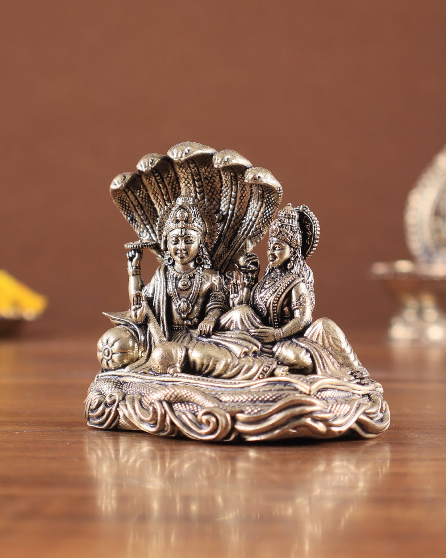 Brass Superfine Vishnu Lakshmi Resting on Sheshanaag Idol – Exquisite Intricate Detailing - Budhshiv.com