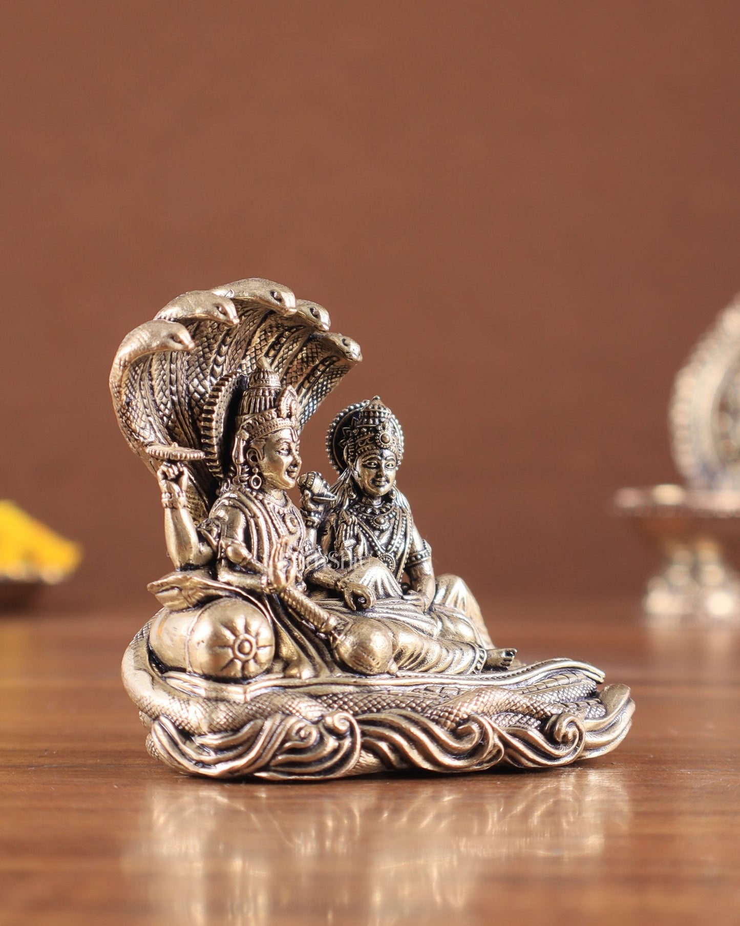 Brass Superfine Vishnu Lakshmi Resting on Sheshanaag Idol – Exquisite Intricate Detailing - Budhshiv.com